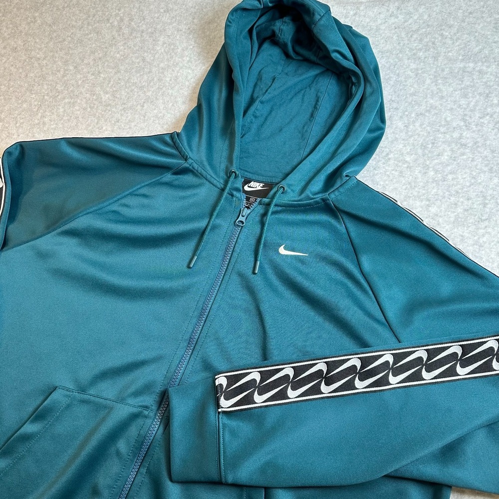 Nike Sportswear Swoosh Tape Full Zip Hoodie Men 2XL Teal Track Jacket Logo Y2K